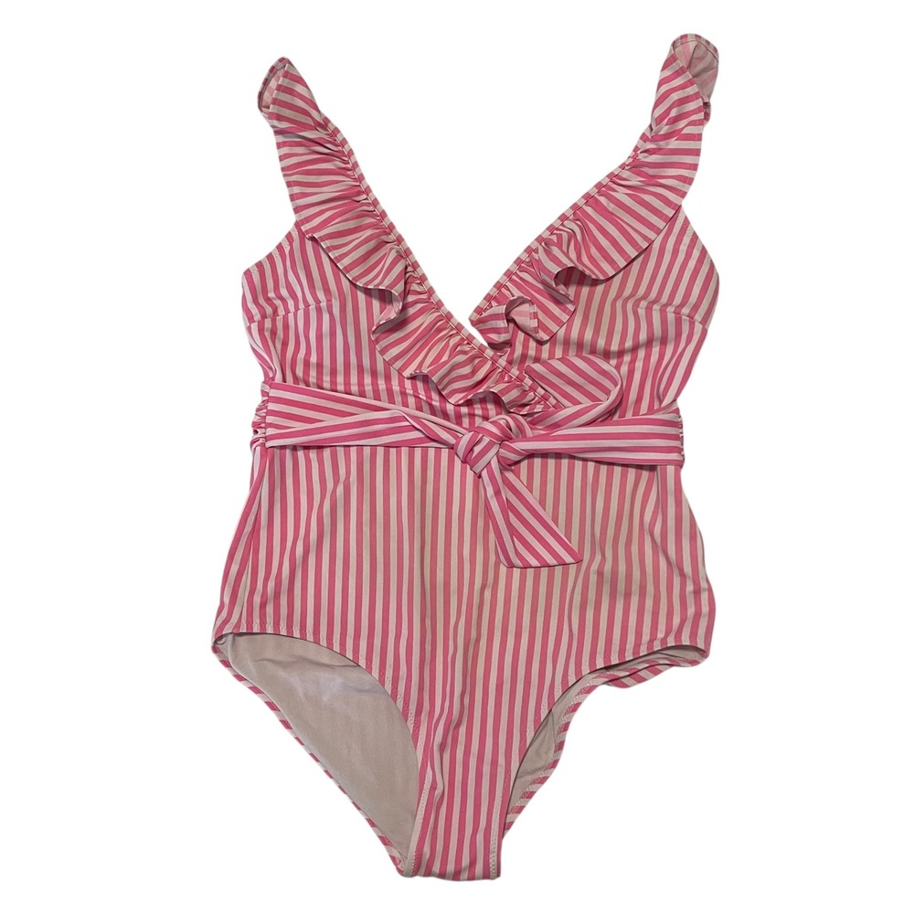 Vineyard Vines Pink  L Striped Ruffle‎ One Piece Swimsuit Bow Tie Women's Size L